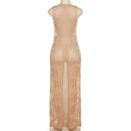 Crochet solid sleeveless see through round neck maxi dress