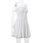 Lace hem lace up ruched backless square neck mini dress
