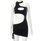 Hollow out irregular solid ruched dress