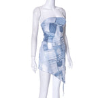 Denim print irregular ruched backless contrast tube mini dress