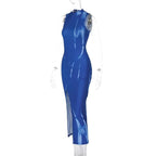 High neck sleeveless irregular contrast midi dress