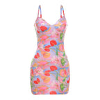 Flower print contrast low cut v neck cami mini dress