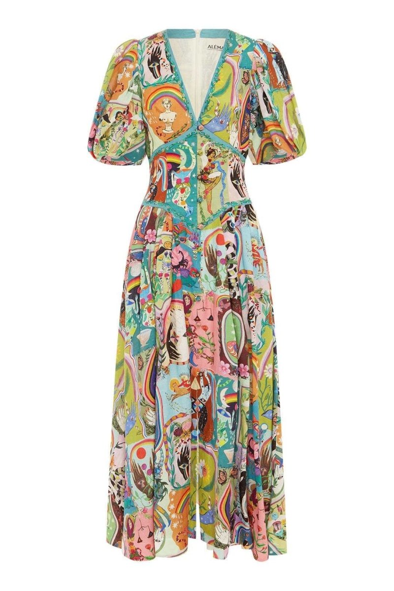 Paty Aesthetic V Neck Puff Sleeve Midi Dress Elevated Occasion Wear