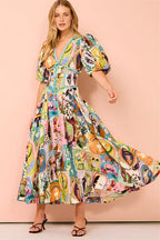 Paty Aesthetic V Neck Puff Sleeve Midi Dress Elevated Occasion Wear
