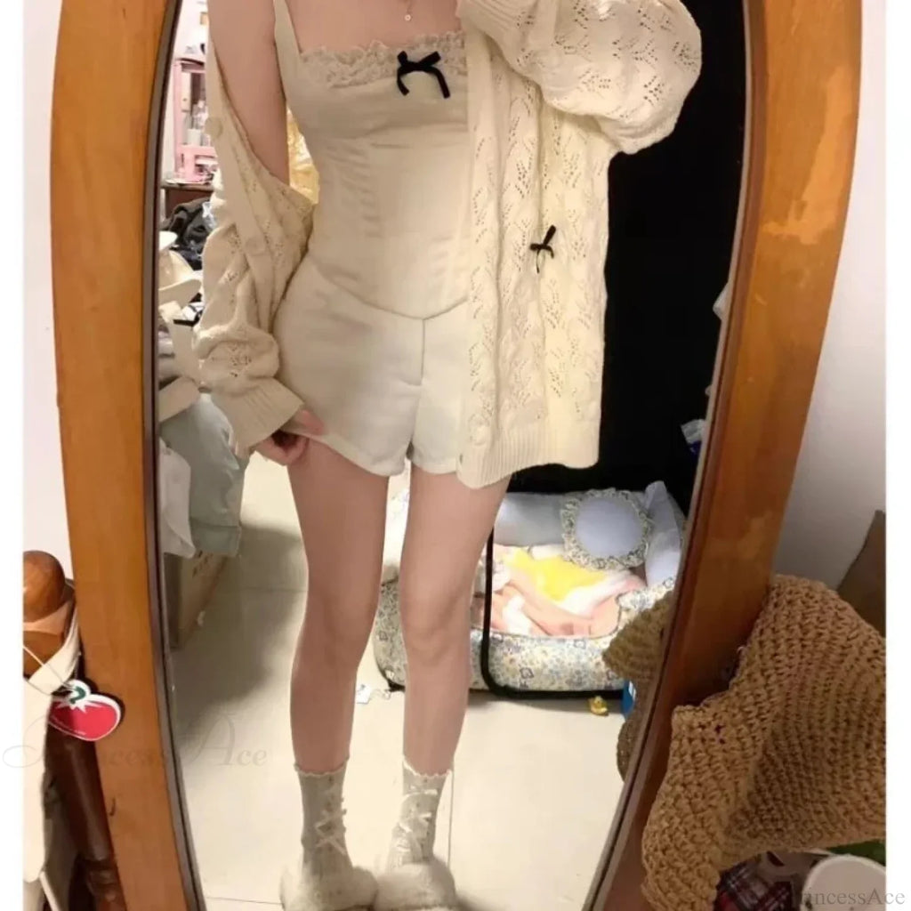 Kawaii Bow Hollow Out Solid Knit Cardigan
