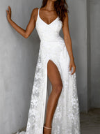 V-neck Lace Open Long Dress