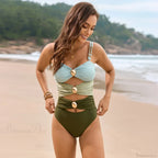 Khaki Metal Buckle Pleate One Piece Swimsuit