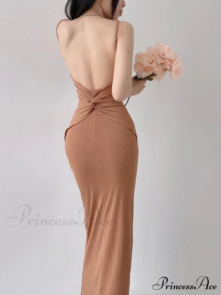 Khaki Midi Bodycon Dress with Spaghetti Straps and Ruched Detail