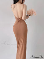 Khaki Midi Bodycon Dress with Spaghetti Straps and Ruched Detail