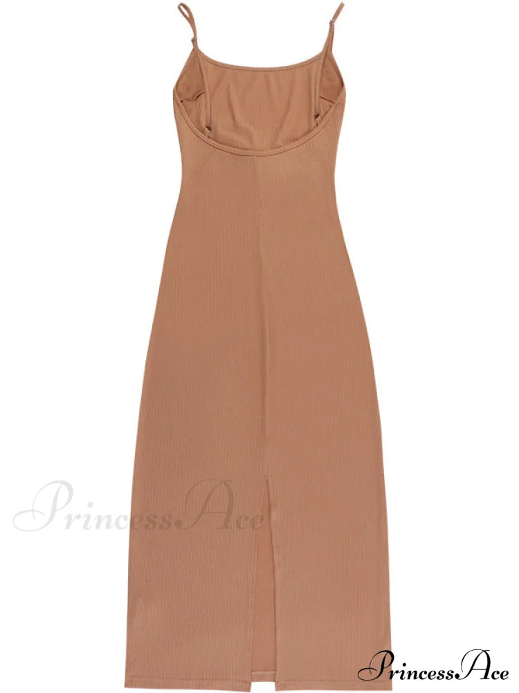 Khaki Midi Bodycon Dress with Spaghetti Straps and Ruched Detail