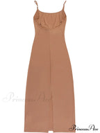 Khaki Midi Bodycon Dress with Spaghetti Straps and Ruched Detail