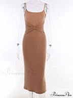 Khaki Midi Bodycon Dress with Spaghetti Straps and Ruched Detail