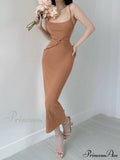 Khaki Midi Bodycon Dress with Spaghetti Straps and Ruched Detail