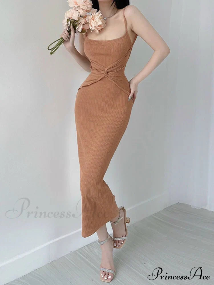 Khaki Midi Bodycon Dress with Spaghetti Straps and Ruched Detail