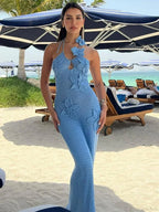 Knit Halter Blue 3D Flowers Vacation Dress