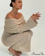 Knit Off-Shoulder Long Sleeve Maxi Dress