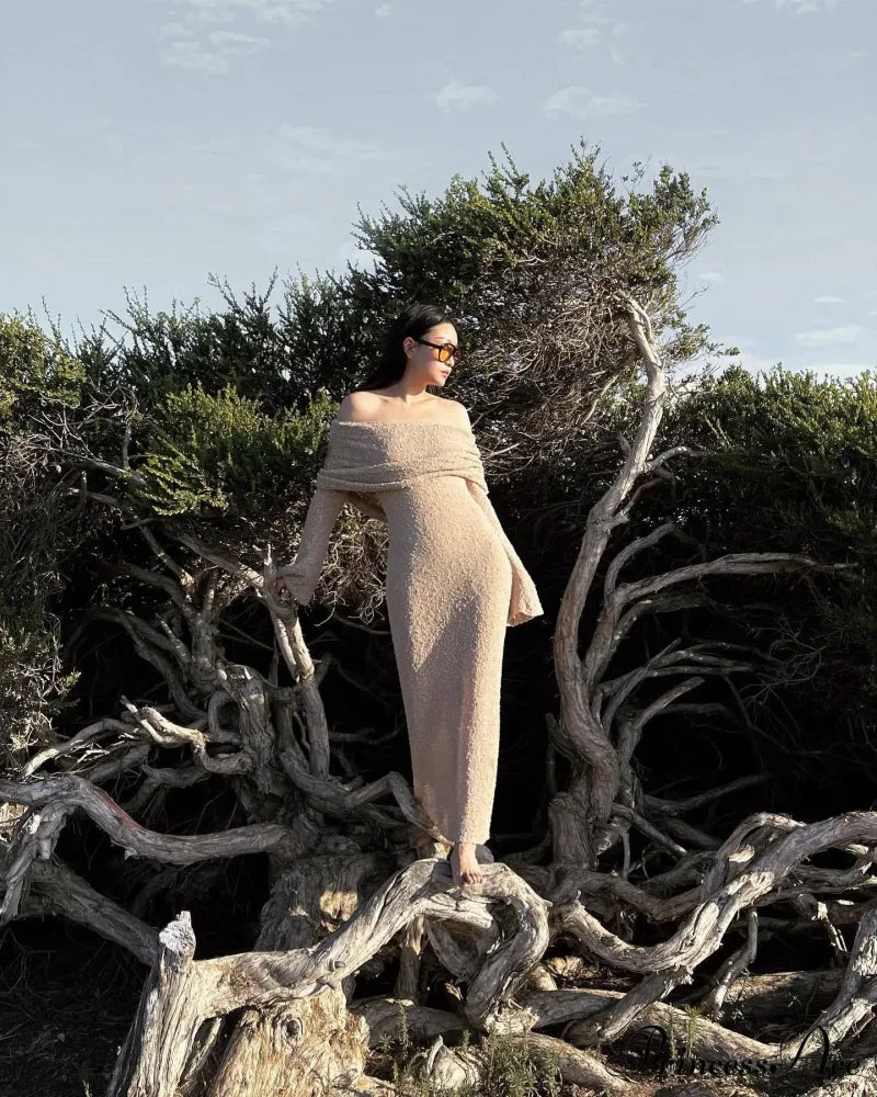 Knit Off-Shoulder Long Sleeve Maxi Dress