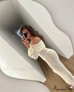 Knit Off-Shoulder Long Sleeve Maxi Dress