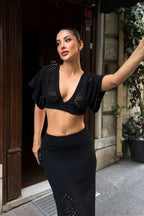 Knit Openwork V-Neck Cropped Bodycon Two Piece Set