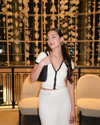 Knit Two Tone Short Sleeve Buttoned Modern Top And Pleated Midi Skirt Set