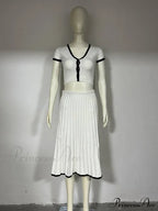 Knit Two Tone Short Sleeve Buttoned Modern Top And Pleated Midi Skirt Set