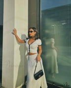 Knit Two Tone Short Sleeve Buttoned Modern Top And Pleated Midi Skirt Set