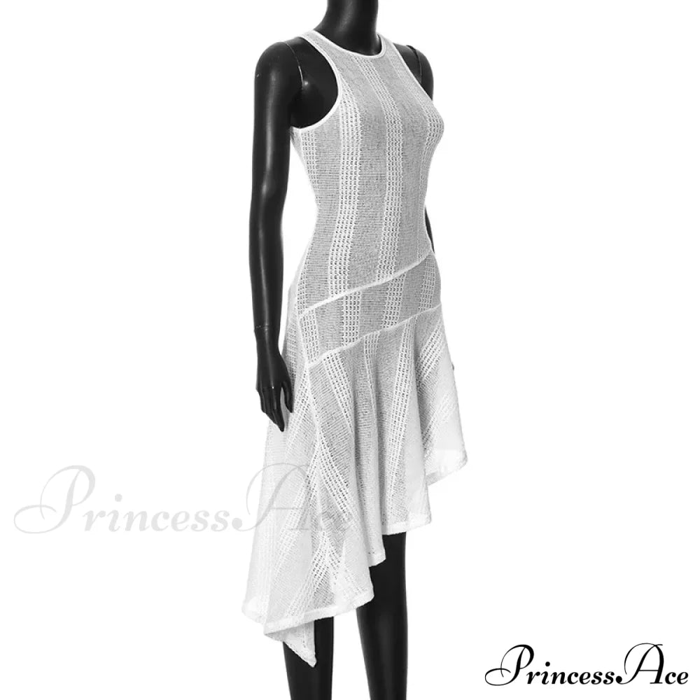 Knit White Asymmetrical Charming Tank Midi Dress