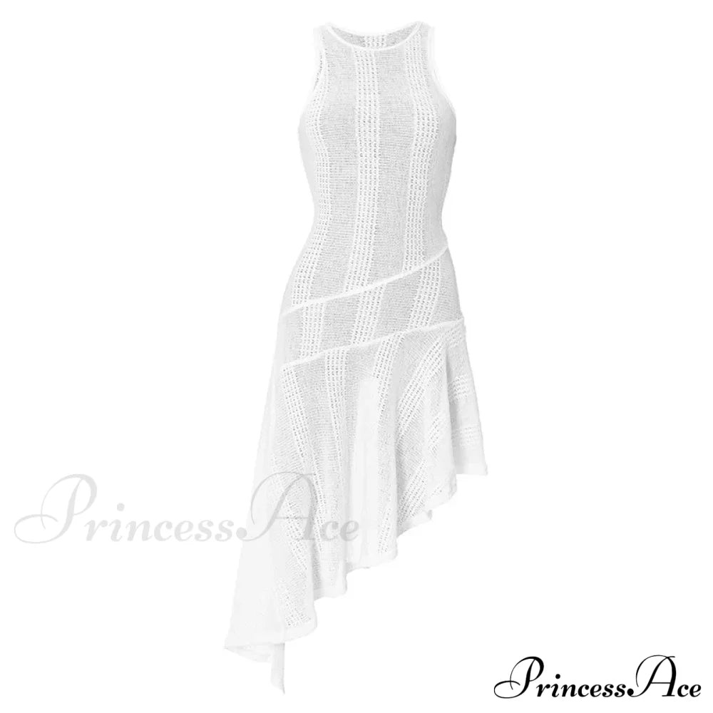 Knit White Asymmetrical Charming Tank Midi Dress