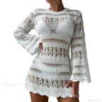 Knitted Hollow Out Sexy Backless Beach Mini Boho Dress Cover-up