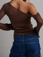 Knitted Long Flare Sleeve Solid Slim Fit T-shirt