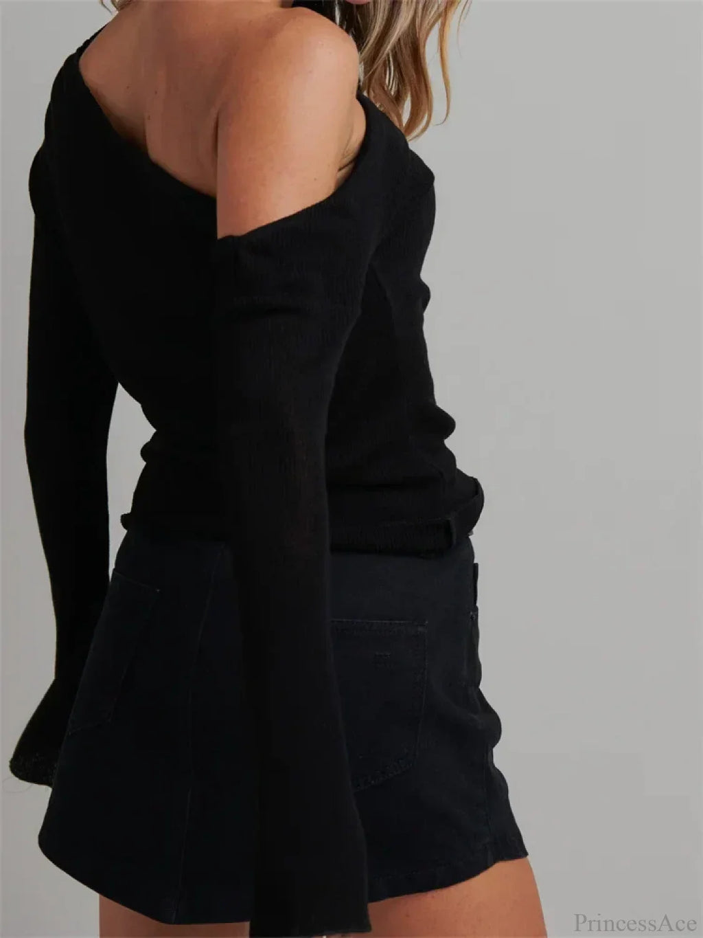 Knitted Long Flare Sleeve Solid Slim Fit T-shirt