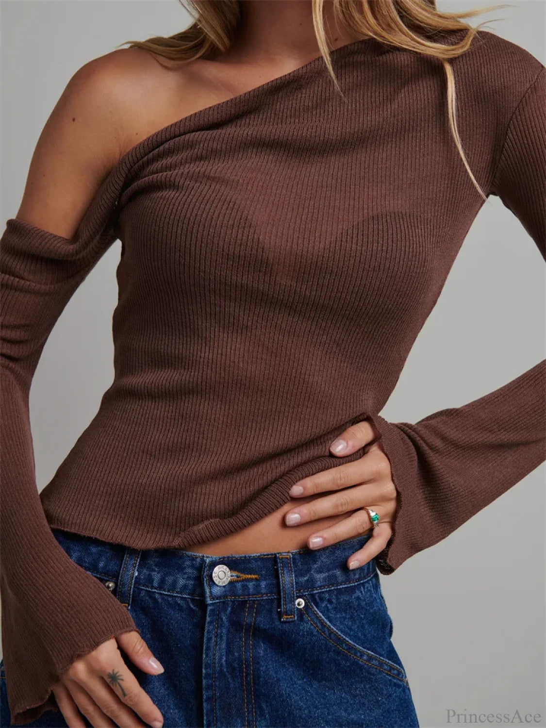 Knitted Long Flare Sleeve Solid Slim Fit T-shirt