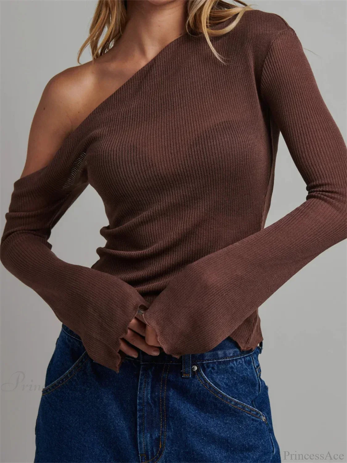 Knitted Long Flare Sleeve Solid Slim Fit T-shirt