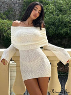 Knitted Off-Shoulder Long Charming Sleeve Mini Dress