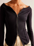Knitted Patchwork Solid Color Long Sleeve Double Zip Up T-shirts
