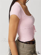 Knitted Ribbed Solid Color Short Sleeve Square Neck Drawstring T-shirts