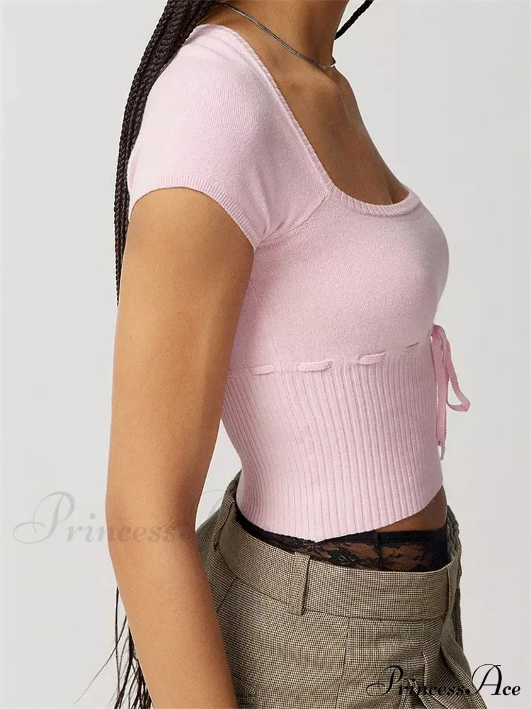 Knitted Ribbed Solid Color Short Sleeve Square Neck Drawstring T-shirts