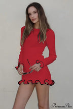 Knitted Ruffled Tight Long Sleeve Mini Dress