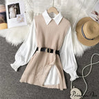 Knitted Set Waistband Style Blouse Top - Women's Lantern College and Vest Arm UK900