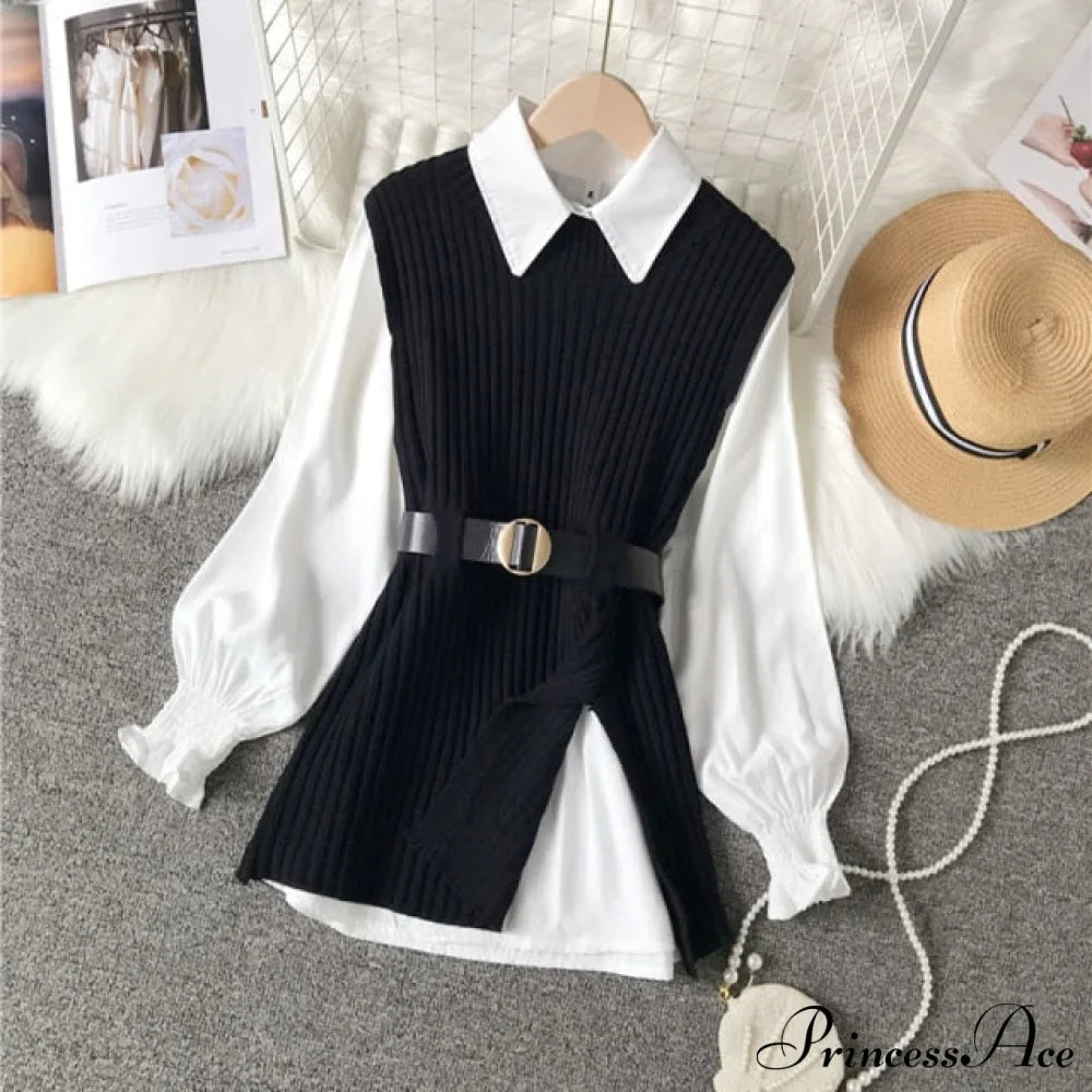 Knitted Set Waistband Style Blouse Top - Women's Lantern College and Vest Arm UK900