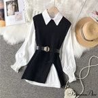 Knitted Set Waistband Style Blouse Top - Women's Lantern College and Vest Arm UK900