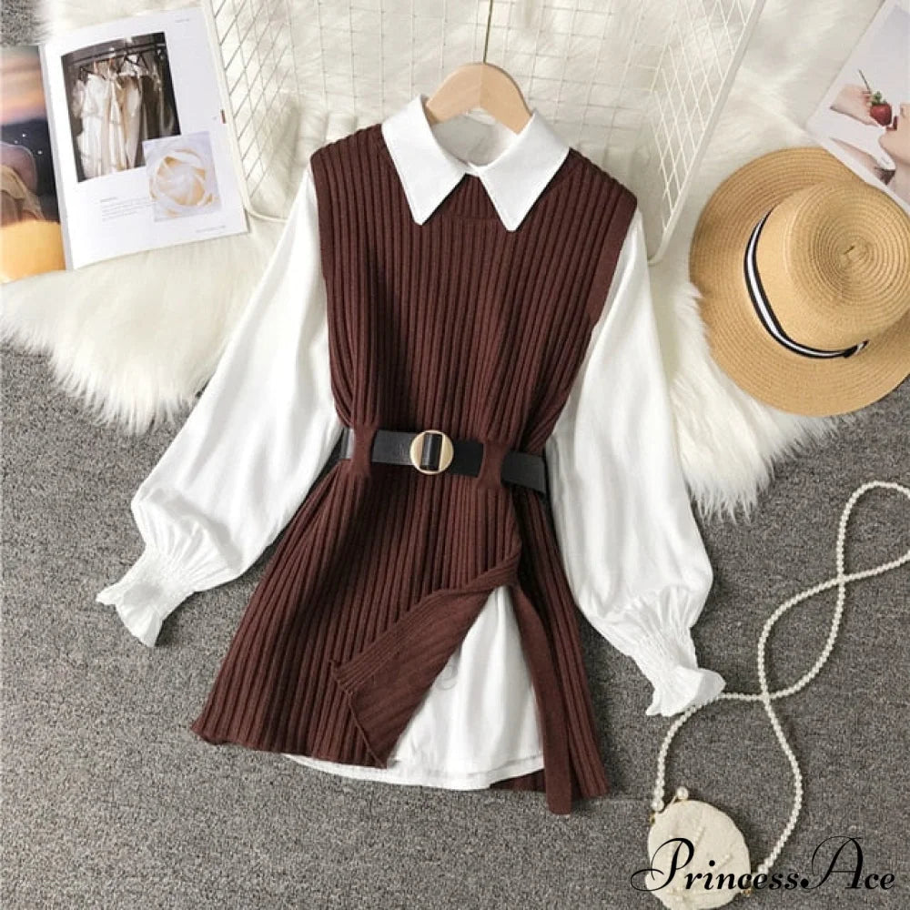 Knitted Set Waistband Style Blouse Top - Women's Lantern College and Vest Arm UK900