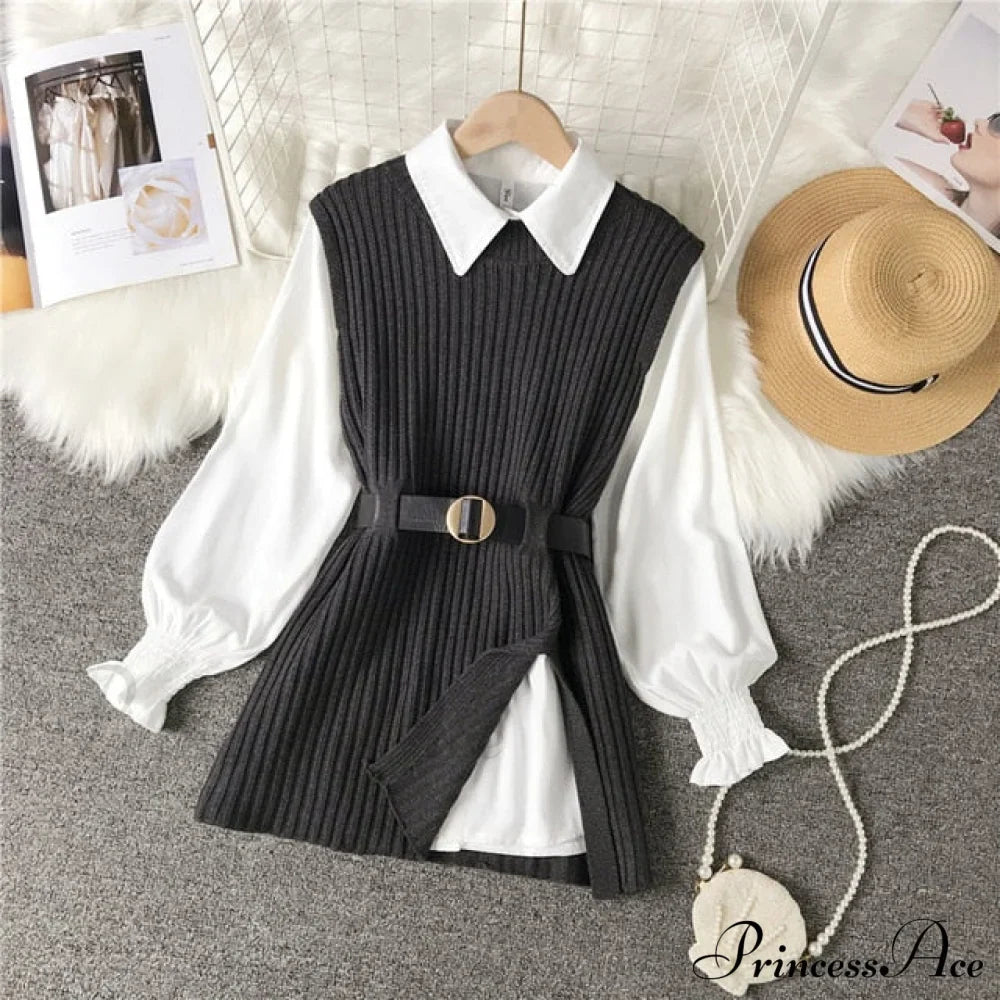Knitted Set Waistband Style Blouse Top - Women's Lantern College and Vest Arm UK900