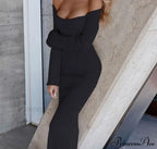 Knitted Sleeves Gown and Women Long Sweater Shoulder Off with Design