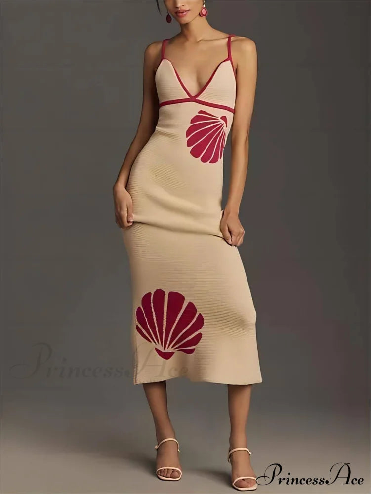 Knitted Suspender Halterneck V-Neck Graceful Backless Sexy Midi Dress