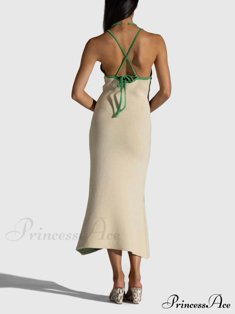 Knitted Suspender Halterneck V-Neck Graceful Backless Sexy Midi Dress