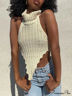 Knitted Turtleneck Stylish Backless Crop Top