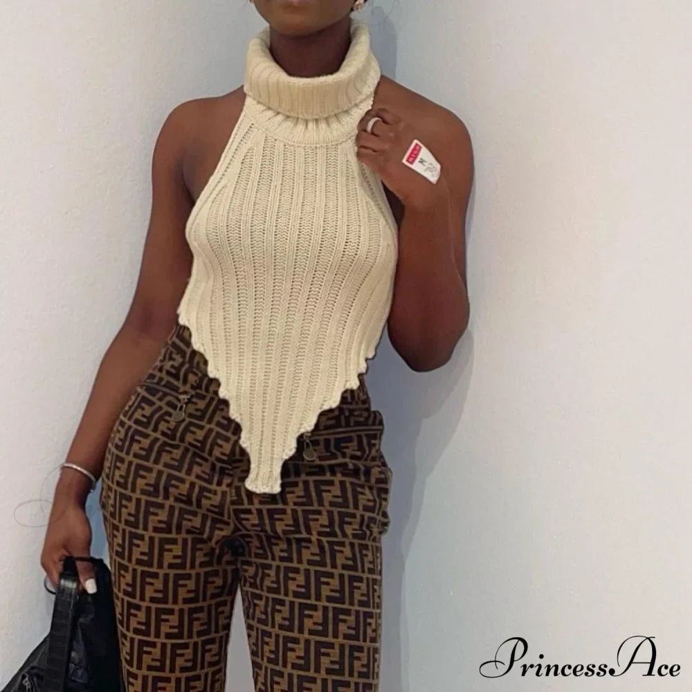 Knitted Turtleneck Stylish Backless Crop Top