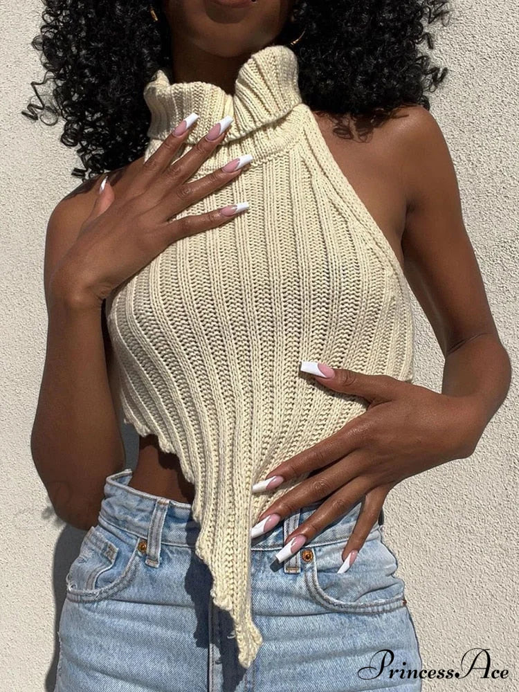 Knitted Turtleneck Stylish Backless Crop Top