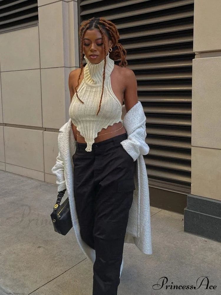 Knitted Turtleneck Stylish Backless Crop Top